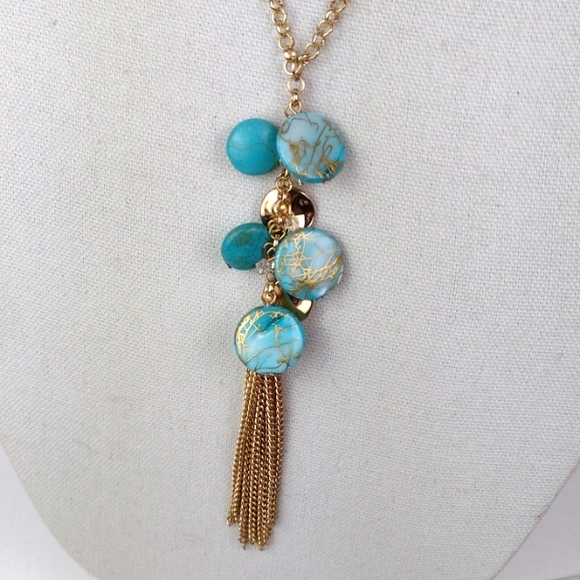 Gold & Marbled Turquoise Like Stone Fringed Beachy Vibe Lariat Bolo Necklace - Picture 7 of 12